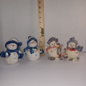 Set of Four Snowman Figurines. Blue and Purple Accents. Christmas Holuday Decor.